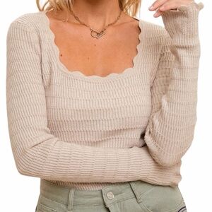 Hem & Thread Tan Scalloped Edge Square Neckline Textured Knit Sweater L